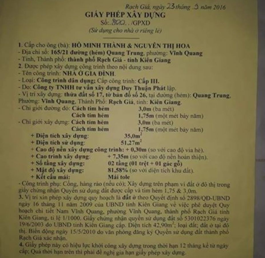 Bán nhà, Quang Trung, Vĩnh Quang, Rạch Giá, Kiên Giang, 0947143552