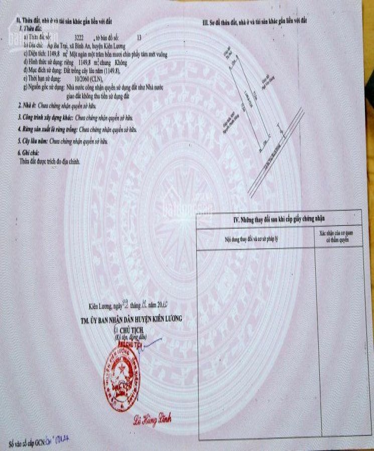 Bán đất mặt tiền tại ấp Ba Trại, xã Bình An, Huyện Kiên Lương, Kiên Giang, 0949780015