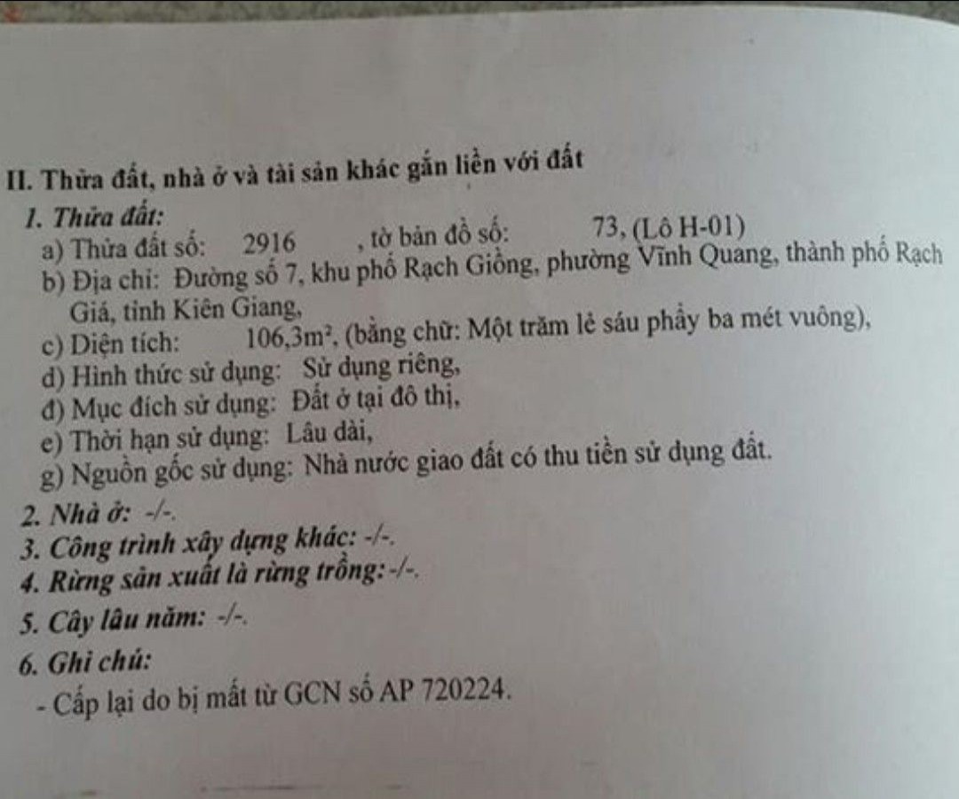 Bán đất thổ cư, Rạch Giồng, Vĩnh Quang, Rạch Giá, Kiên Giang, 0969229506