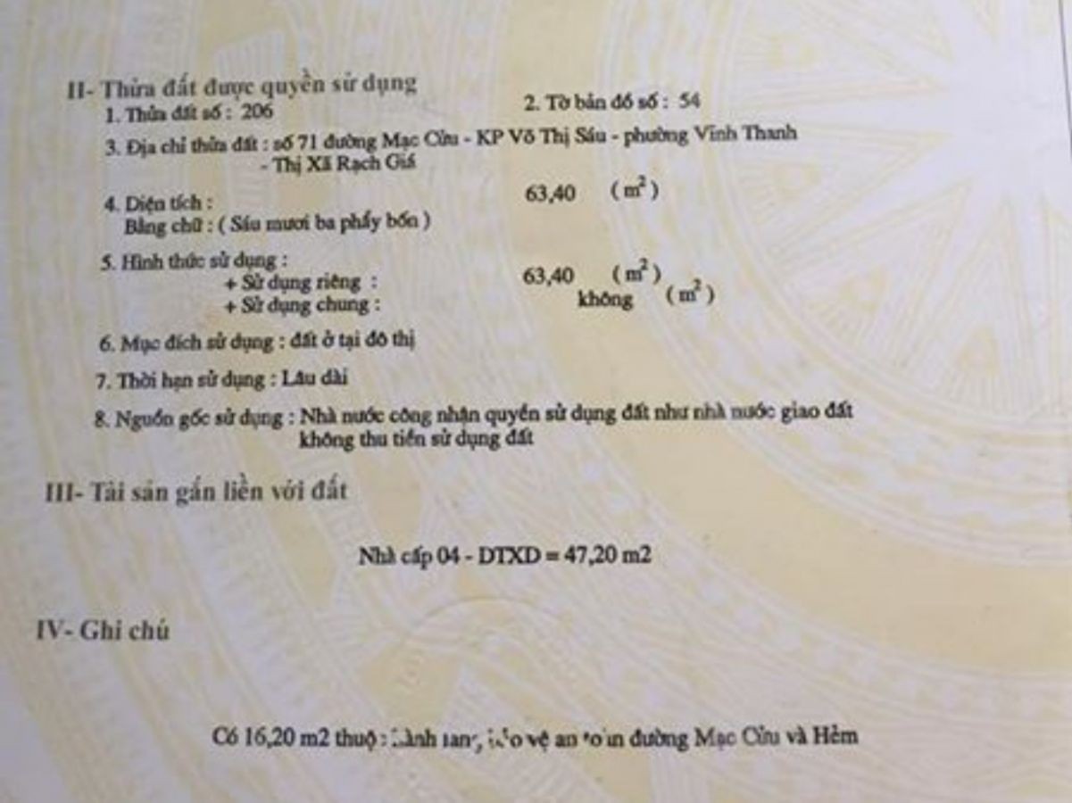 Bán nhà Mạc Cửu, Rạch Giá, Kiên Giang, Kiên Giang, 0913847302