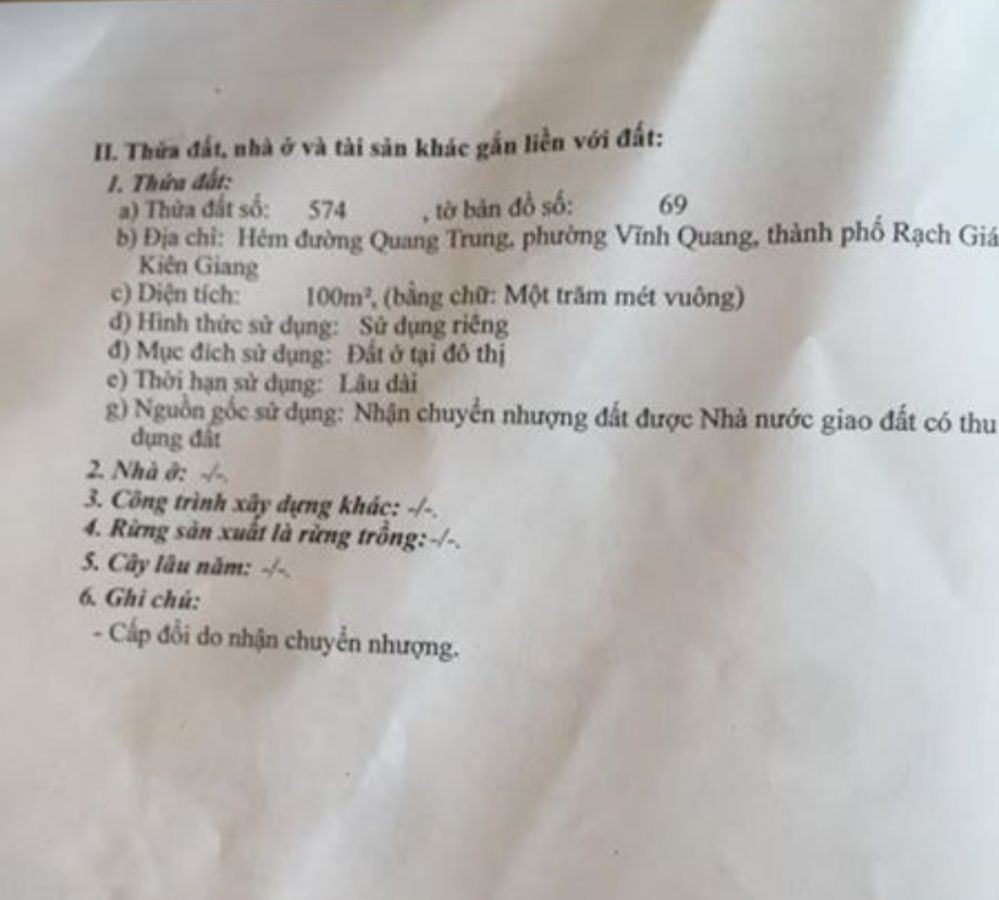Cần bán gấp 1 lô đất Quang Trung, Vĩnh Quang, Rạch Giá, Kiên Giang, 0949511344