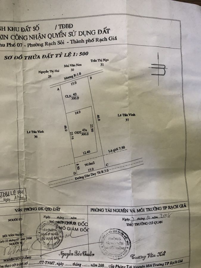 BÁN ĐẤT NỀN ĐƯỜNG ĐÀO DUY TỪ, RẠCH GIÁ, KIÊN GIANG, 690m2, 2 TỶ xxx TR (MSNV 04