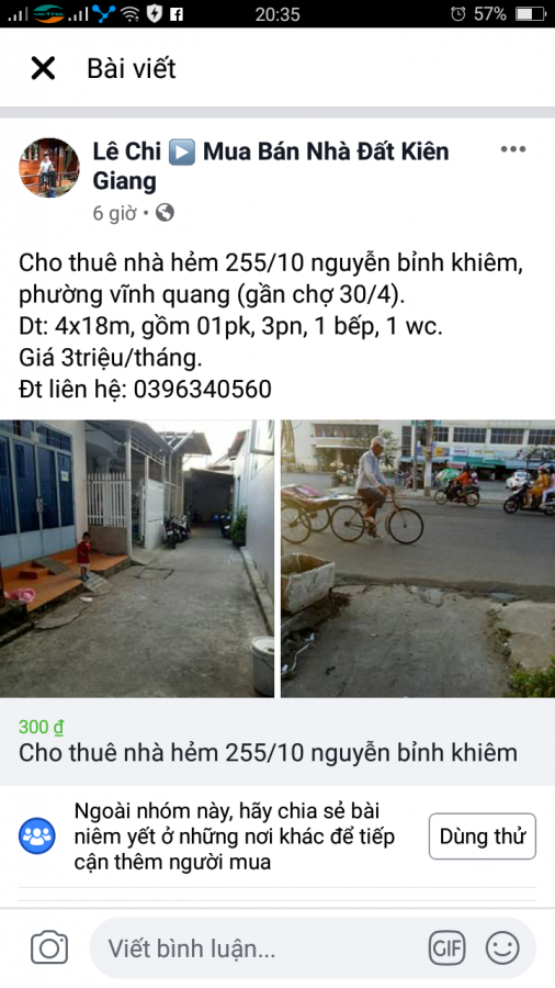 Cho thuê nhà 255/10 nguyễn bỉnh khiêm, phường vĩnh thanh