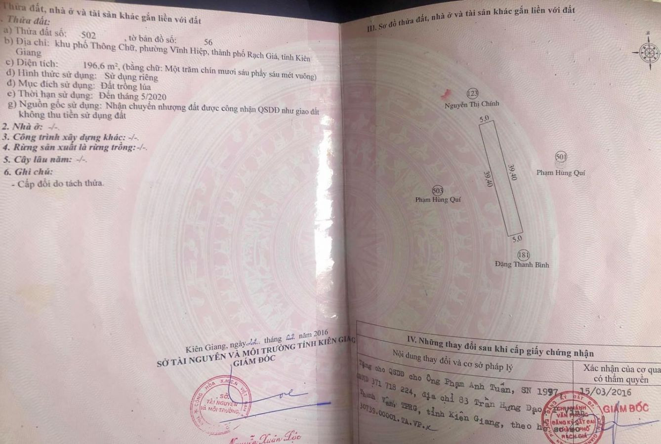 Cần bán 1 nền đất lúa Phường Vĩnh Hiệp, Rạch Giá.