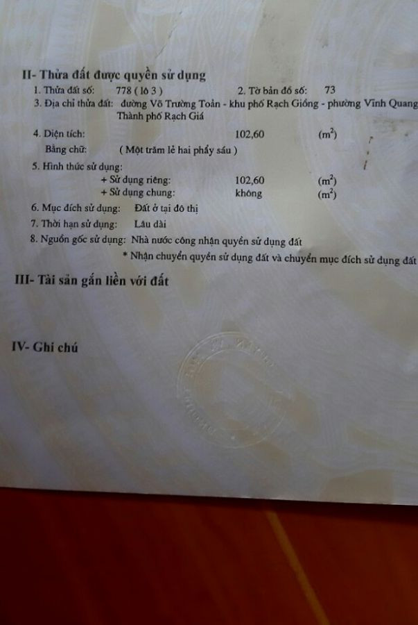 Bán đất Khu Giáo Viên Nguyễn Trãi P.Vĩnh Quang TP Rạch Giá 450 Triệu