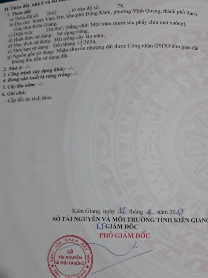 Đất đường nhánh Kênh Vàm Trư, P.Vĩnh Quang Rạch Giá Kiên Giang 116.9m2 giá 950 Triệu
