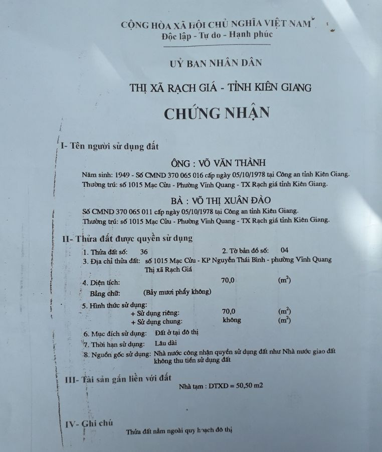 Đất mặt tiền Đ.Mạc Cửu, P.Vĩnh Quang, Rạch Giá Kiên Giang 70m2