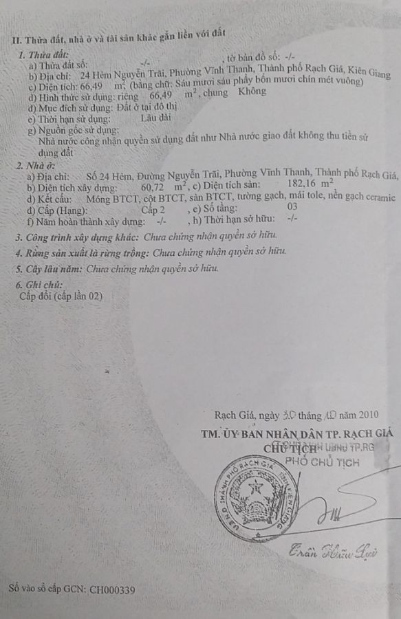 Bán gấp Nhà 1 trệt 2 lầu Hẻm 37 Nguyễn Trãi, Vĩnh Thanh, Rạch Giá, Kiên Giang