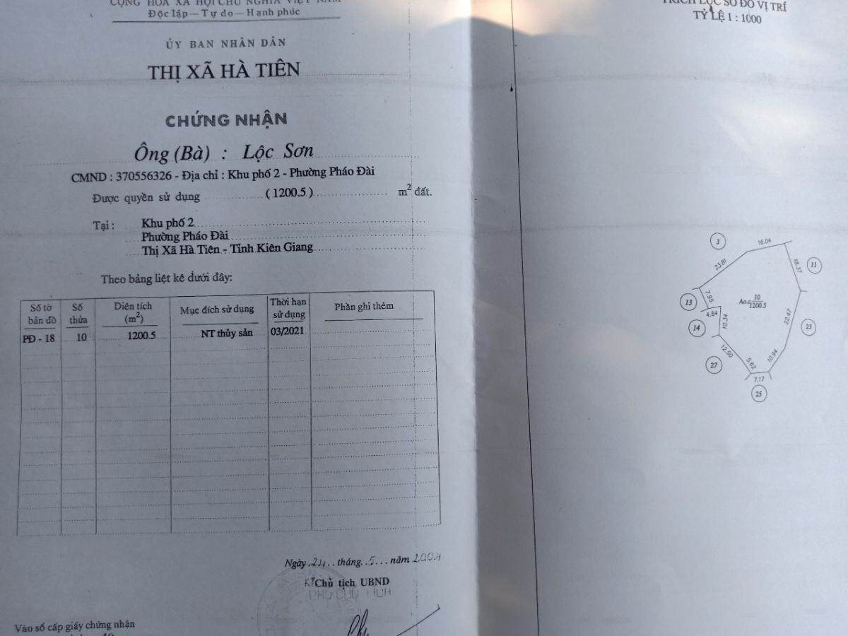 Chính chủ cần bán gấp đất khu phố 2, Pháo Đài Hà Tiên