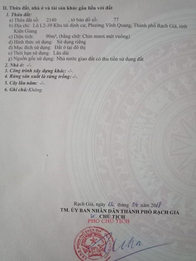 Bán đất thổ cư Khu tái định cư Vĩnh Quang, Rạch Giá, Kiên Giang