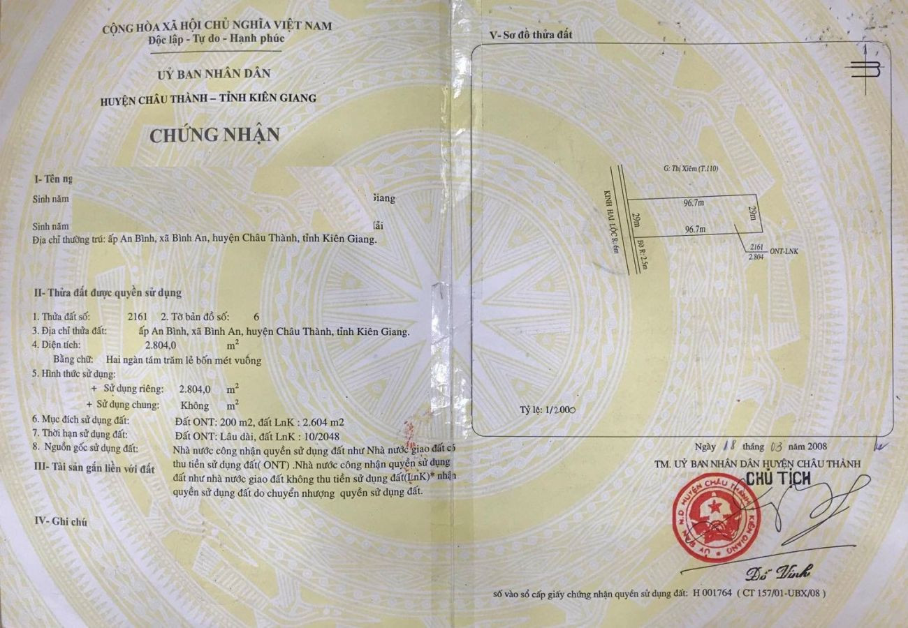 Bán đất ấp An Bình, xã Bình An, huyện Châu Thành, tỉnh Kiên Giang