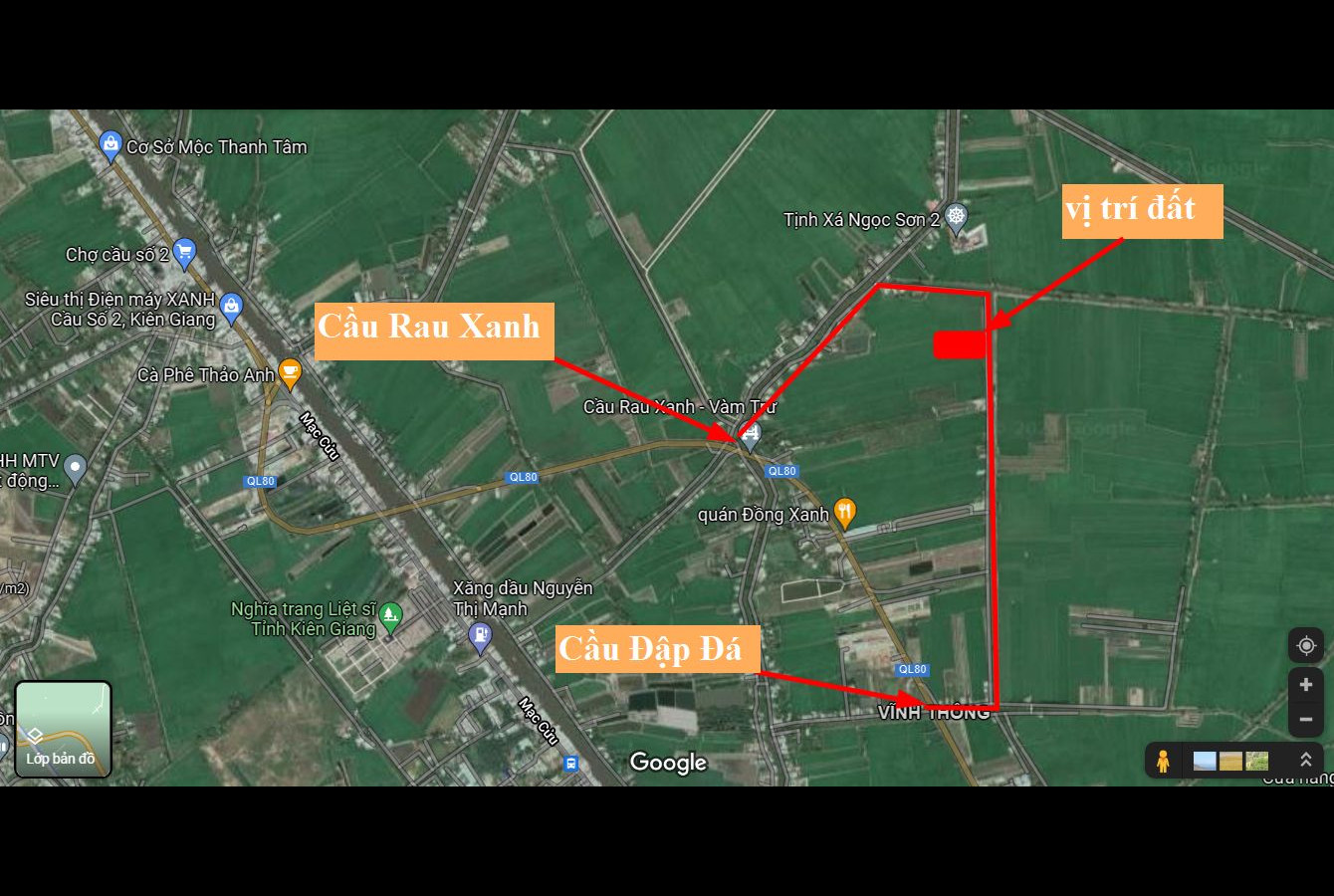 Bán 1 công đất ruộng nhánh đường cầu Đập Đá, P.Vĩnh Thông, Rạch Giá (500 triệu/công)
